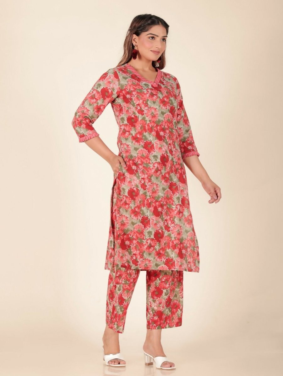 Aramya Red Soft Cotton Floral Print Panelled Kurta Set for Women | Grocsy