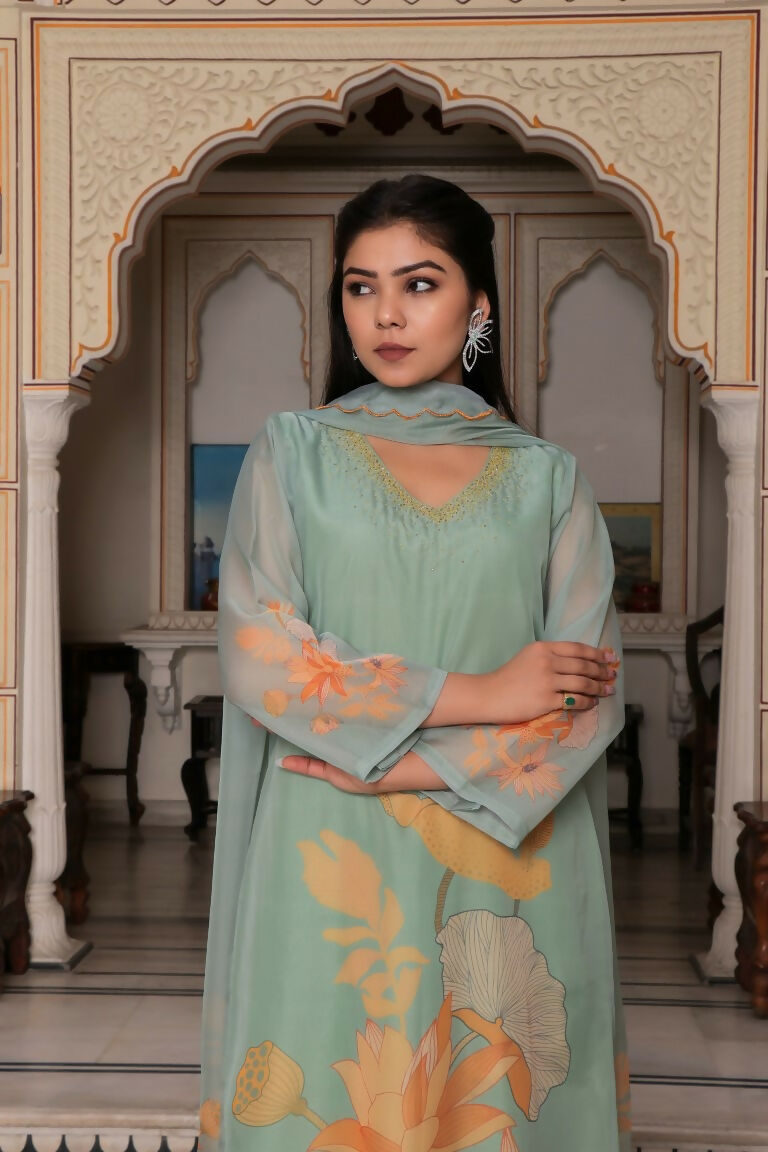 Vaasva Women Teal Green Tabby Slik Print & Embroidered Kurta, Pant & Dupatta set | Grocsy