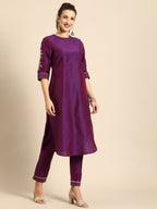 All About You Women Purple Zari Embroidered Regular Kurta with Trousers & Dupatta | Grocsy