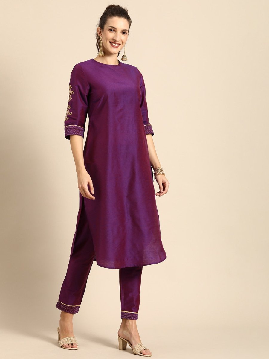 All About You Women Purple Zari Embroidered Regular Kurta with Trousers & Dupatta | Grocsy