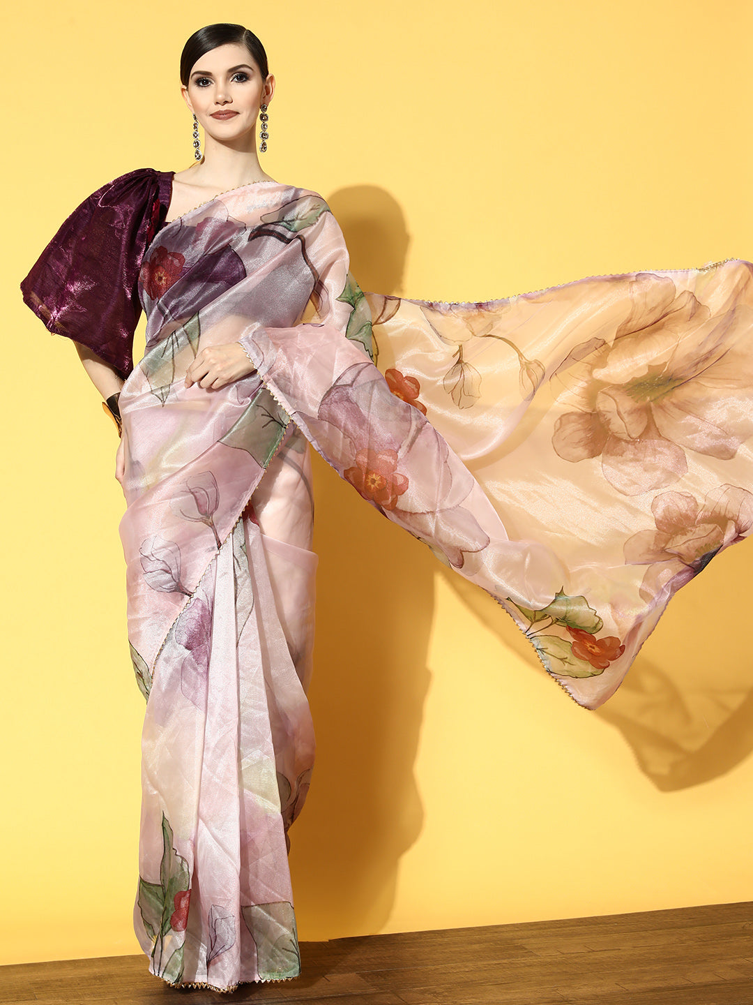 Tikhi Imli Pink & Mauve Floral Organza Saree | Grocsy