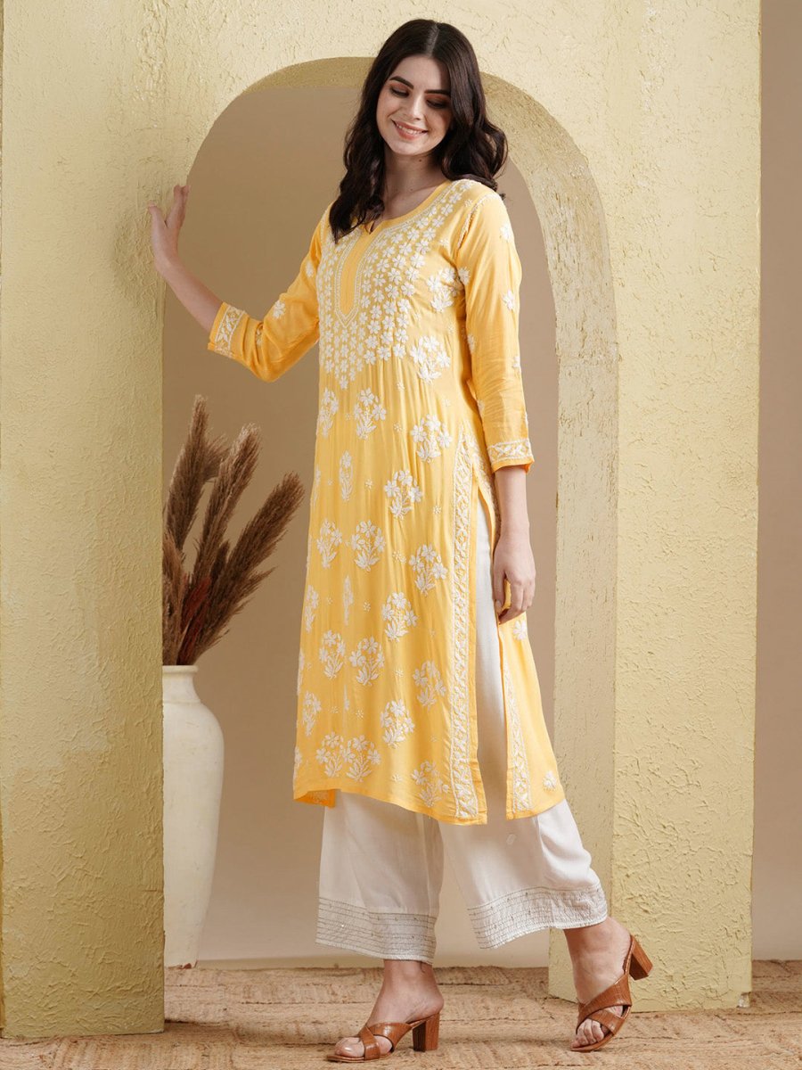 ADA Floral Lucknowi Chikankari Straight Kurta | Grocsy