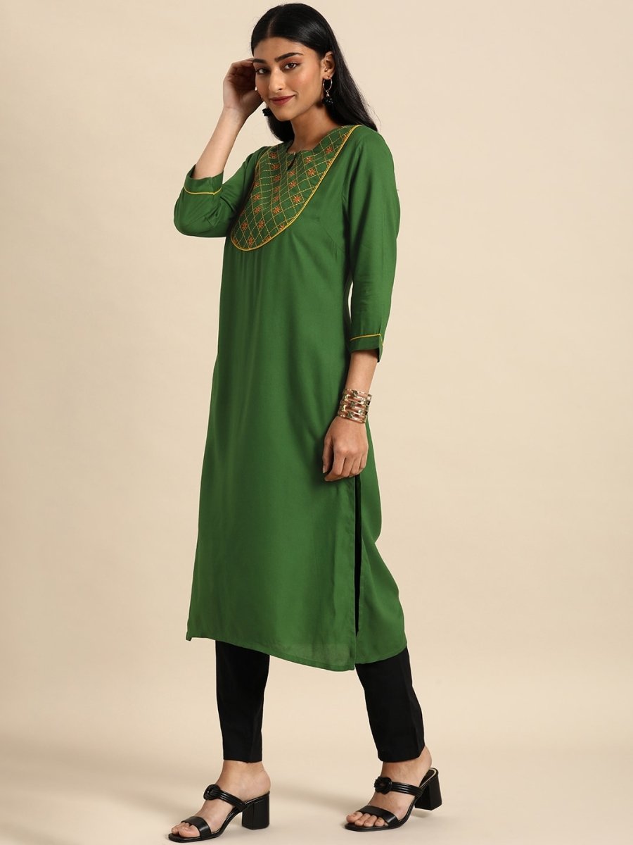 All About You Women Green Ethnic Motifs Yoke Design Keyhole Neck Straight Kurta | Grocsy