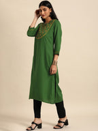 All About You Women Green Ethnic Motifs Yoke Design Keyhole Neck Straight Kurta | Grocsy