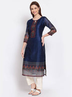 Myshka Women's Navy Blue Printed Chanderi Silk 3/4 Sleeve Round Neck Casual Kurta | Grocsy