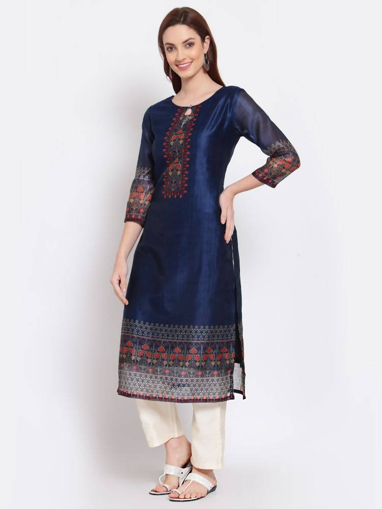 Myshka Women's Navy Blue Printed Chanderi Silk 3/4 Sleeve Round Neck Casual Kurta | Grocsy