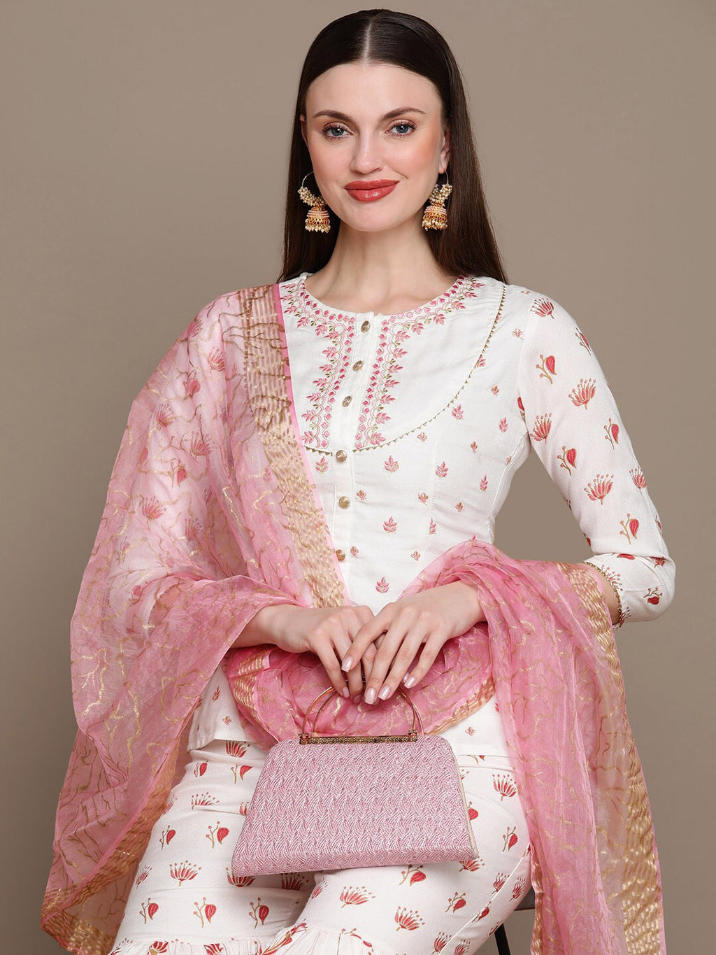 HERE&NOW Floral Embroidered Top with Sharara & Dupatta | Grocsy