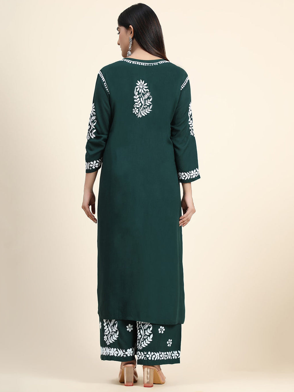 HOUSE OF KARI Women Green Floral Embroidered Chikankari Kurta with Palazzos | Grocsy