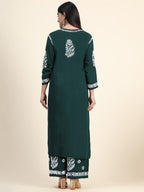 HOUSE OF KARI Women Green Floral Embroidered Chikankari Kurta with Palazzos | Grocsy