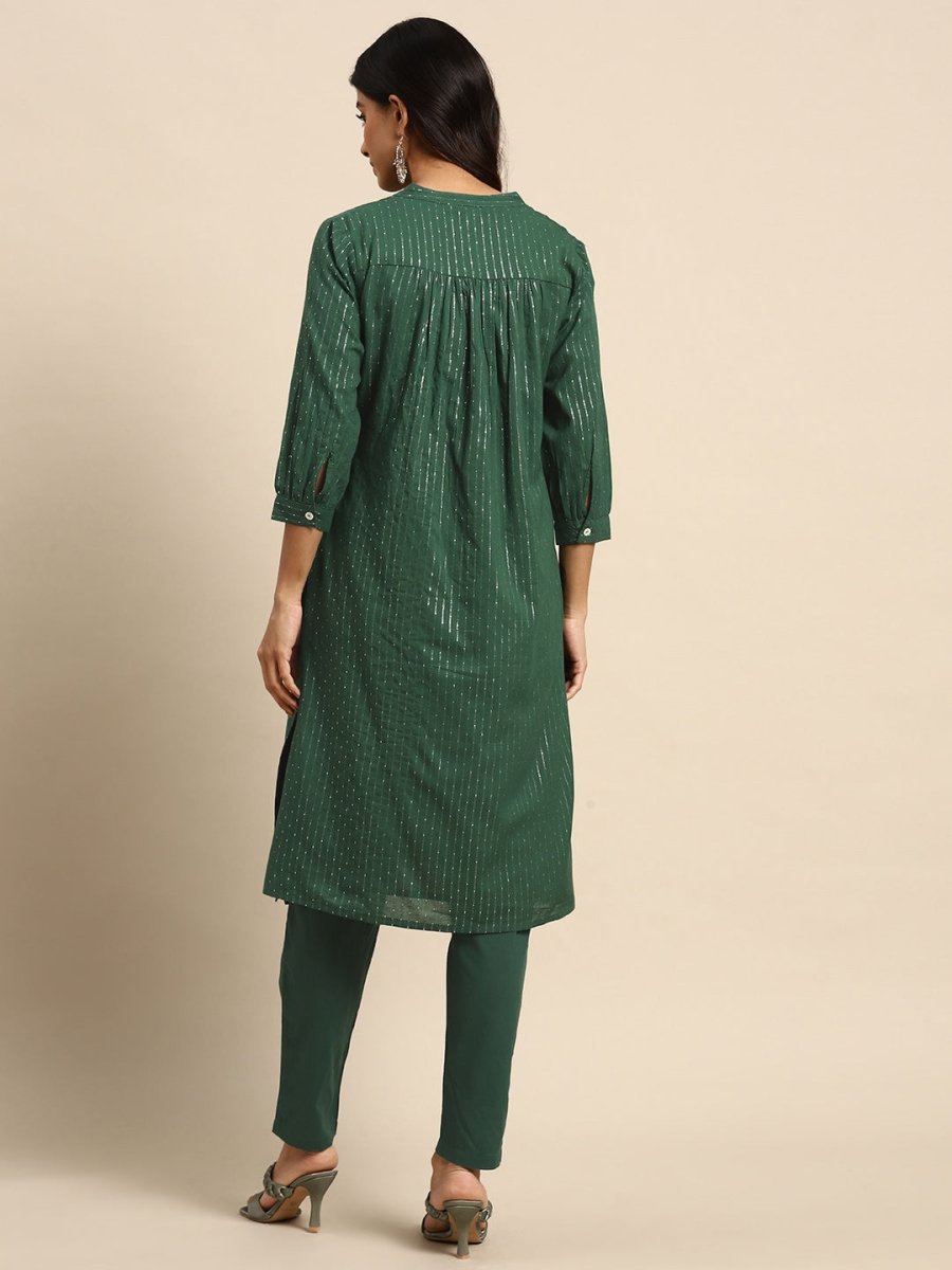 All About You Striped Pleated Sequinned Pure Cotton Kurta with Trousers | Grocsy
