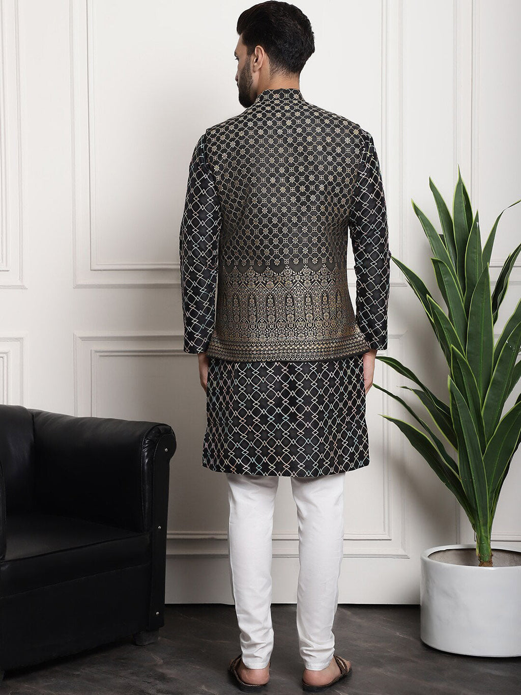 Sojanya Ethnic Motifs Woven Design Embroidered Straight Kurta & Churidar With Nehru Jacket | Grocsy