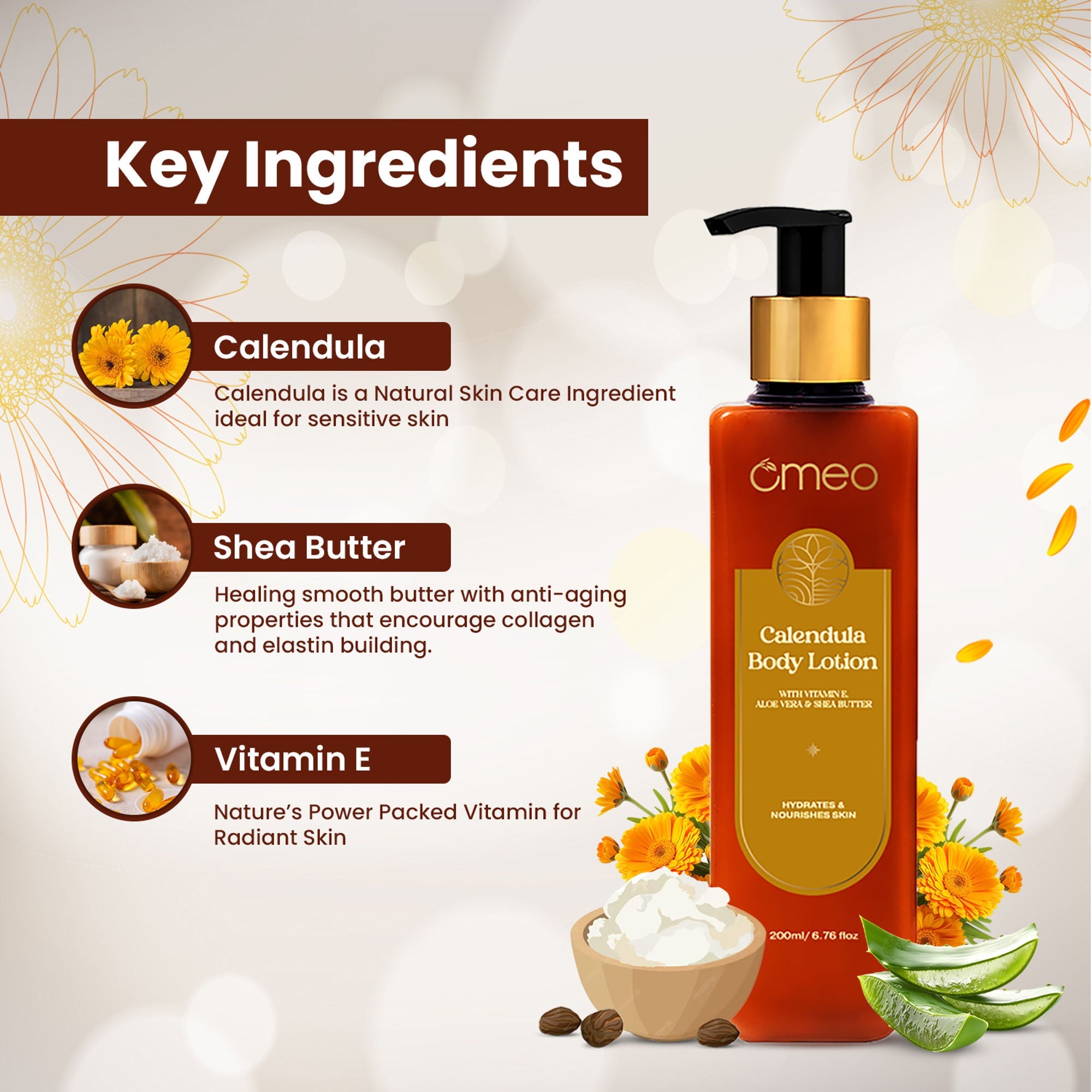 Omeo Calendula Body Lotion with Vitamin E, Aloe Vera & Shea Butter | Grocsy
