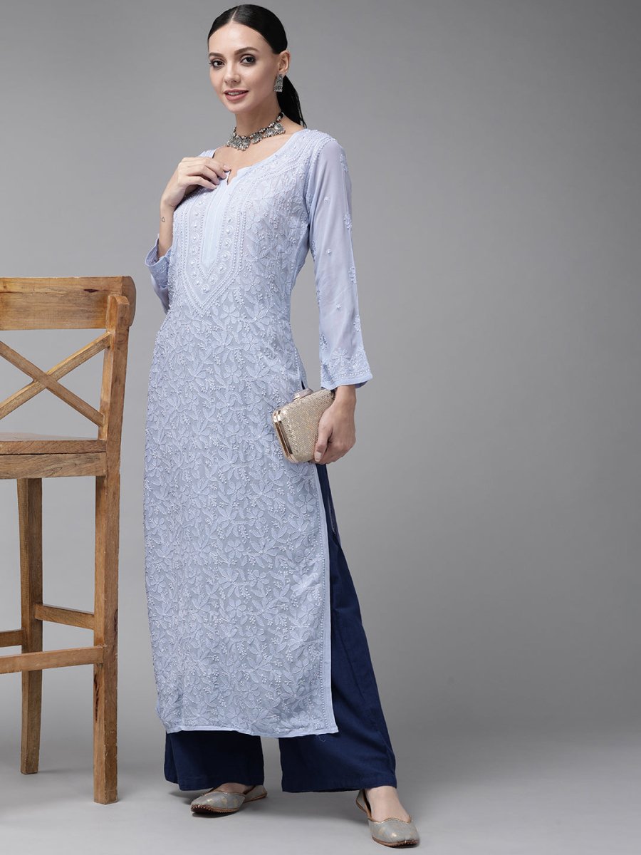 ADA Women Blue & Blue Ethnic Motifs Embroidered Chikankari Georgette Kurta | Grocsy