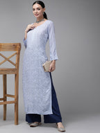 ADA Women Blue & Blue Ethnic Motifs Embroidered Chikankari Georgette Kurta | Grocsy
