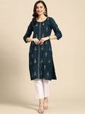 Sangria Teal Blue & Golden Embroidered Regular Kurta | Grocsy