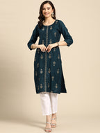 Sangria Teal Blue & Golden Embroidered Regular Kurta | Grocsy