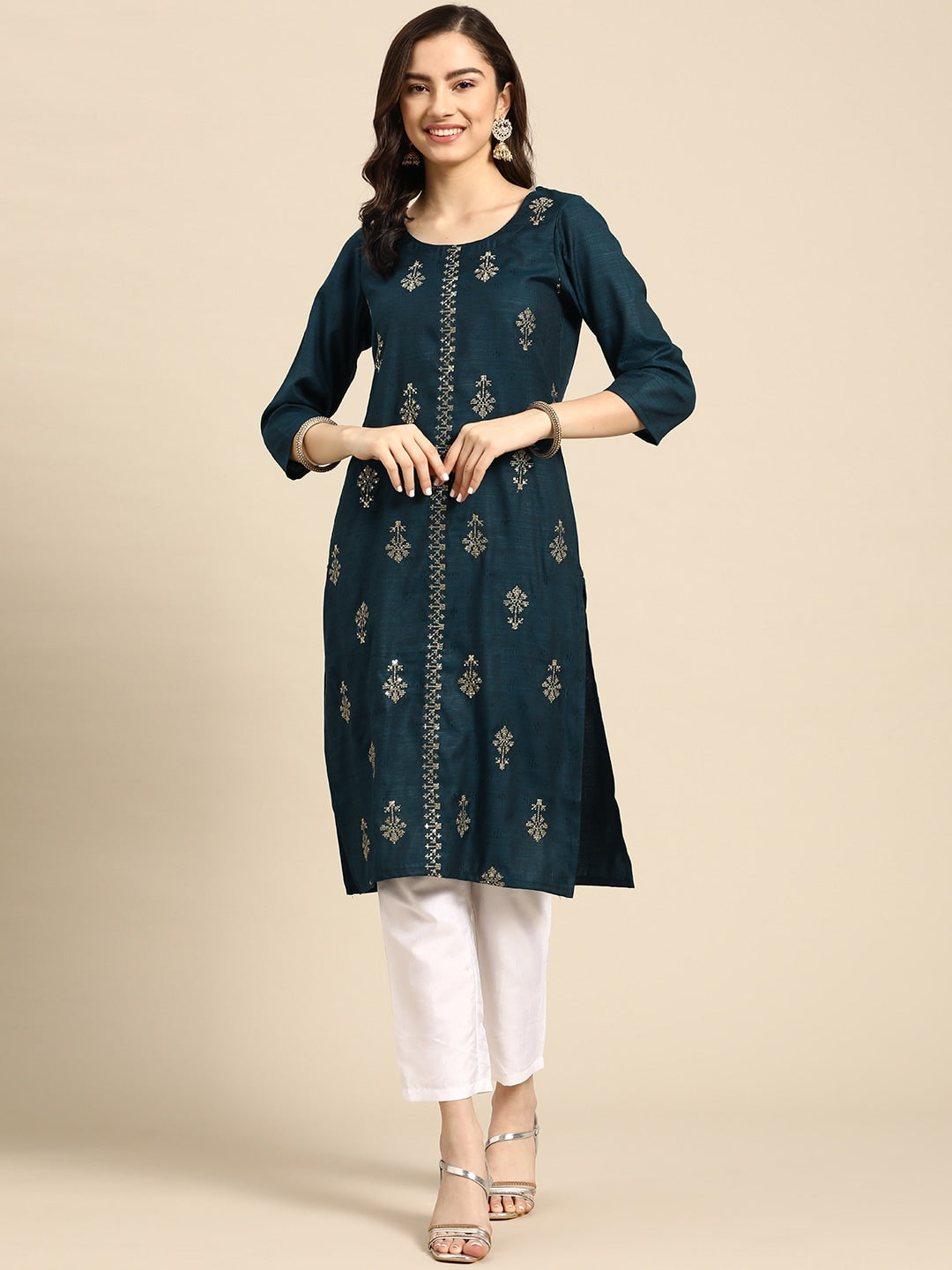 Sangria Teal Blue & Golden Embroidered Regular Kurta | Grocsy