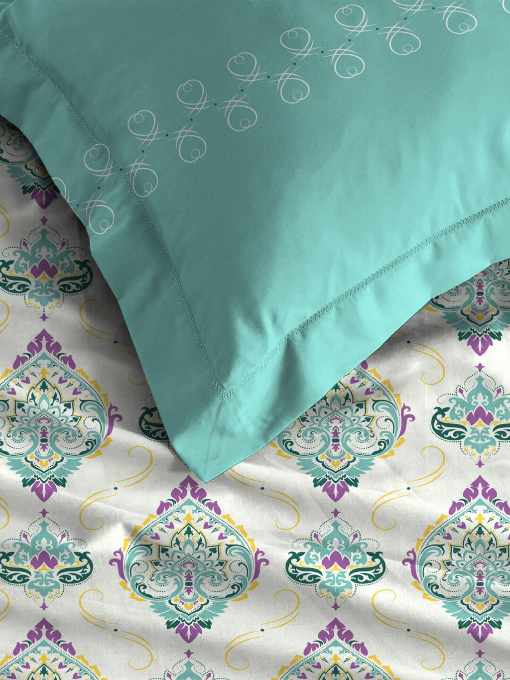 MYTRIDENT Moments White Blue Ethnic Motifs Pure Cotton 120 TC Bedsheet 2 Pillow Covers | Grocsy
