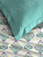 MYTRIDENT Moments White Blue Ethnic Motifs Pure Cotton 120 TC Bedsheet 2 Pillow Covers | Grocsy