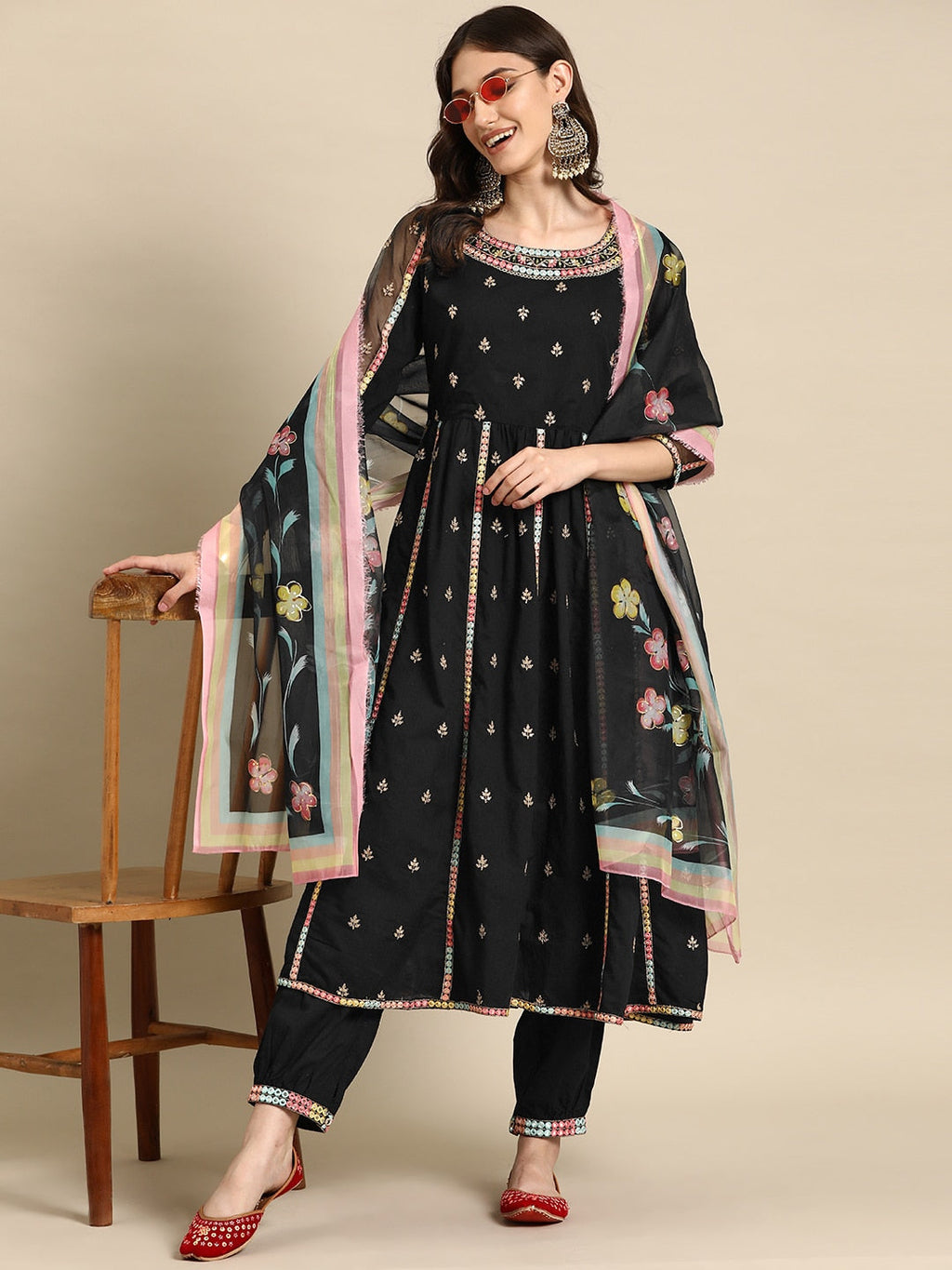 Sangria Women Embroidered Mirror Work Pure Cotton Kurta with Trousers & With Dupatta | Grocsy