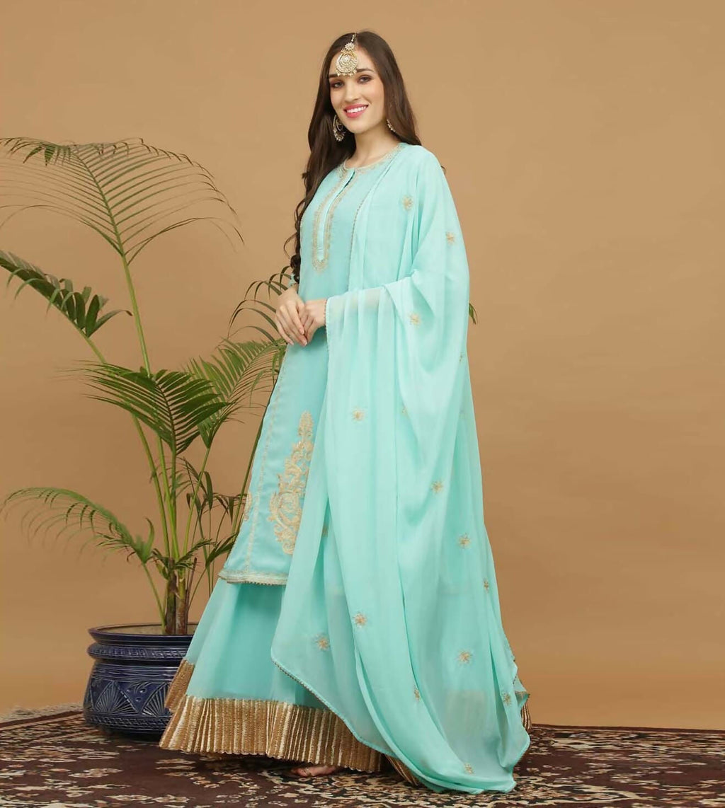 Joban Fashion Turquoise Georgette Lehenga Set | Grocsy