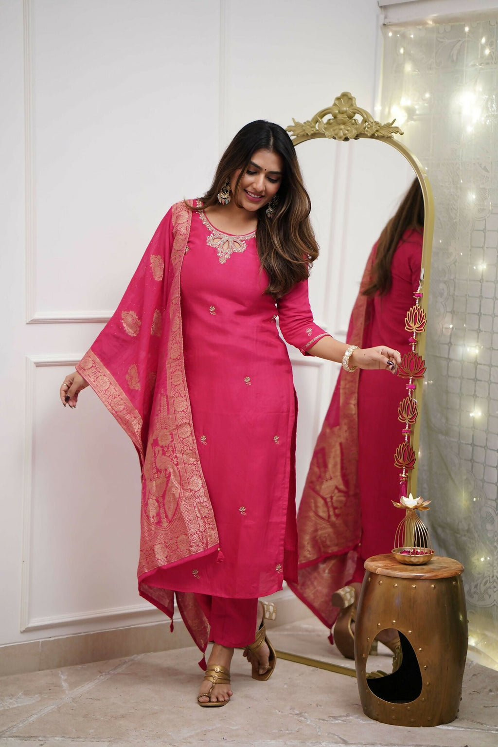 The52 Gajri Women's Gorgeous Embroidered Viscose Chanderi Fabric Straight Kurta Pant with Dupatta Set | Grocsy