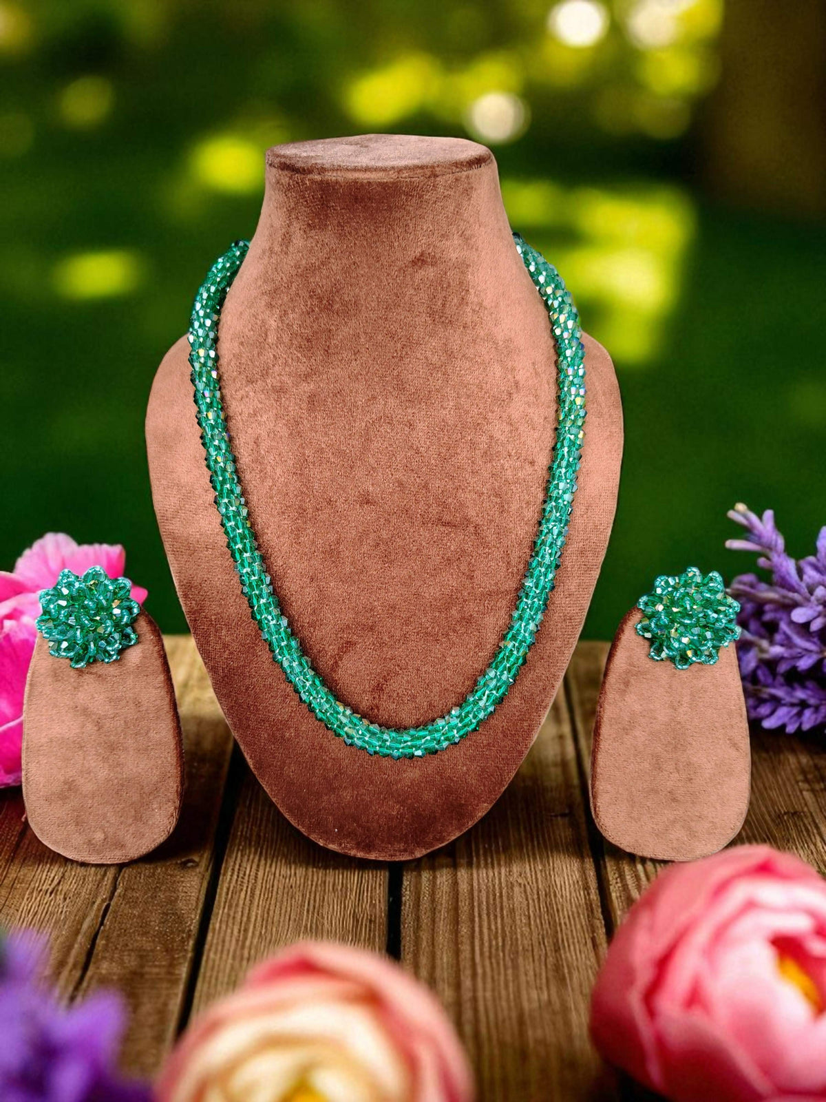 Inhanns Noor-E-Jalwa – Handmade Crystal Bead Necklace / Necklace With Earrings -Adjustable - Sea Green | Grocsy