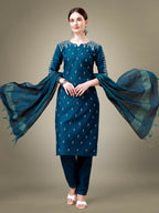 Jyoti Fashion Women's Morpich Cotton Blend Embroidery & Sequence work Kurta with Trouser & Dupatta | Grocsy