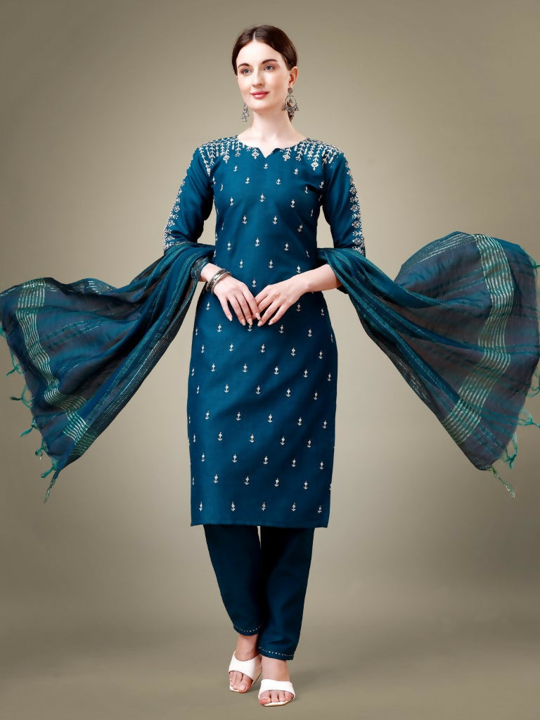 Jyoti Fashion Women's Morpich Cotton Blend Embroidery & Sequence work Kurta with Trouser & Dupatta | Grocsy