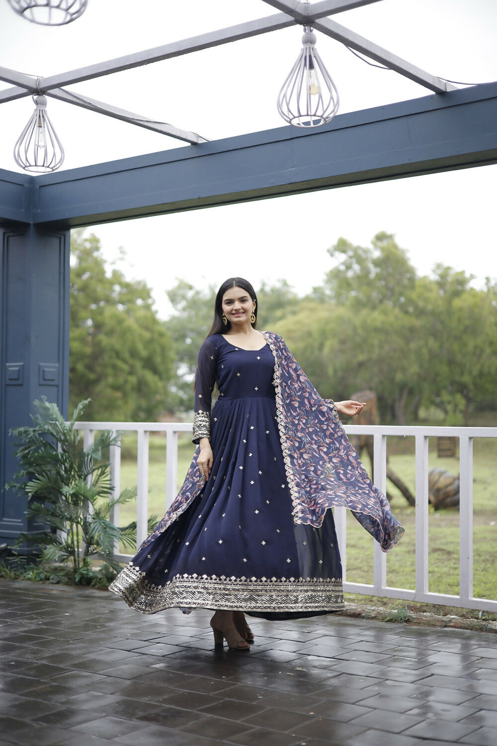 Aayaa Designer Embroidery Zari Sequins-Work Faux Blooming Georgette Suit - Navy Blue | Grocsy