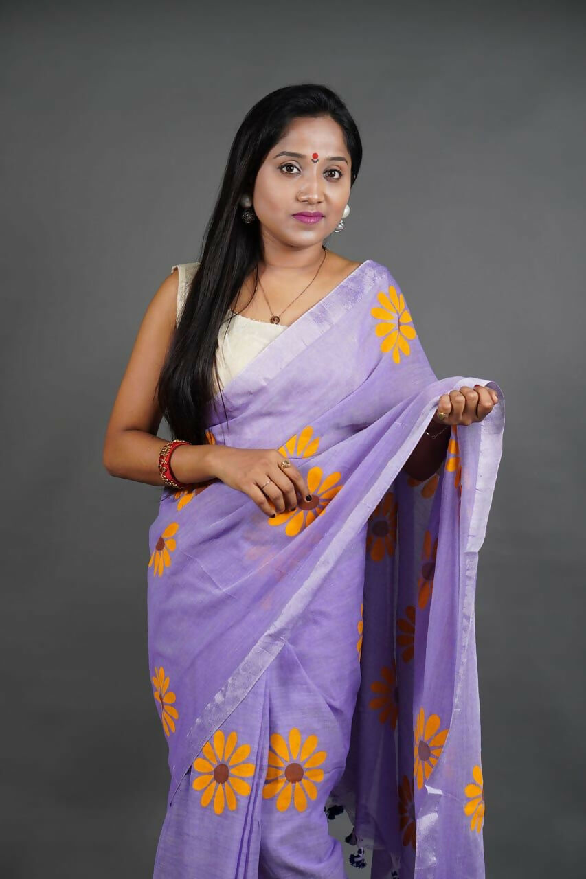Exclusive Collection Light Violet Pure Cotton Saree With Sunflower Design | Grocsy