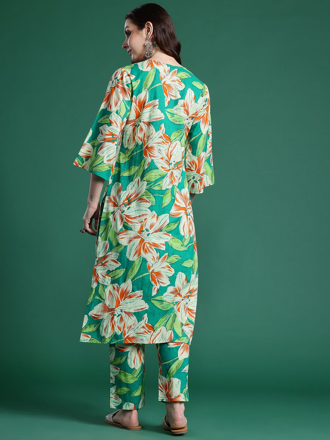 Indo Era Women Floral Printed Regular Pure Cotton Kurta with Trousers | Grocsy