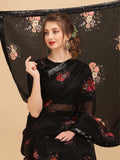 Sangria Black & Coral Floral Sequinned Organza Celebrity Saree | Grocsy