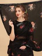 Sangria Black & Coral Floral Sequinned Organza Celebrity Saree | Grocsy