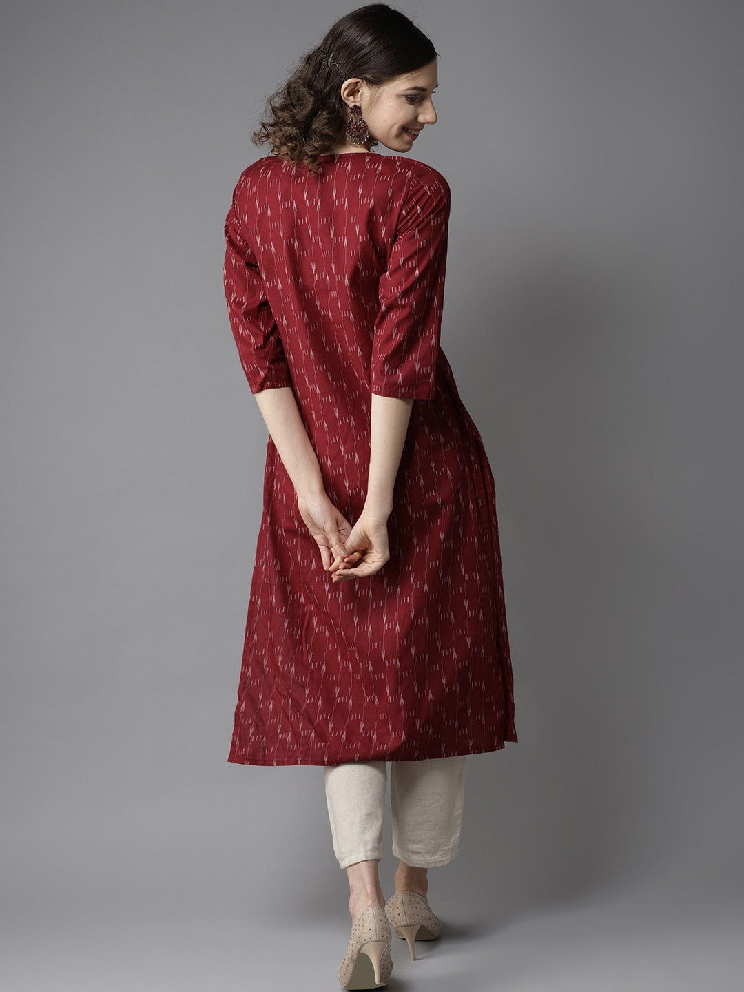 HERE&NOW Women Maroon & Off-White Printed Straight Kurta | Grocsy