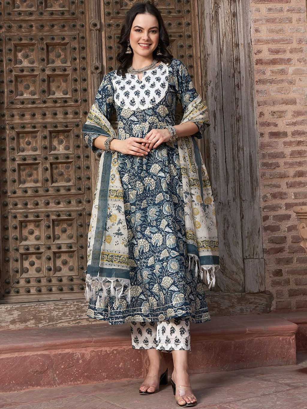 Sangria Navy Blue Floral Printed Pure Cotton Anarkali Kurta With Trouser & Dupatta | Grocsy