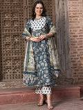 Sangria Navy Blue Floral Printed Pure Cotton Anarkali Kurta With Trouser & Dupatta | Grocsy