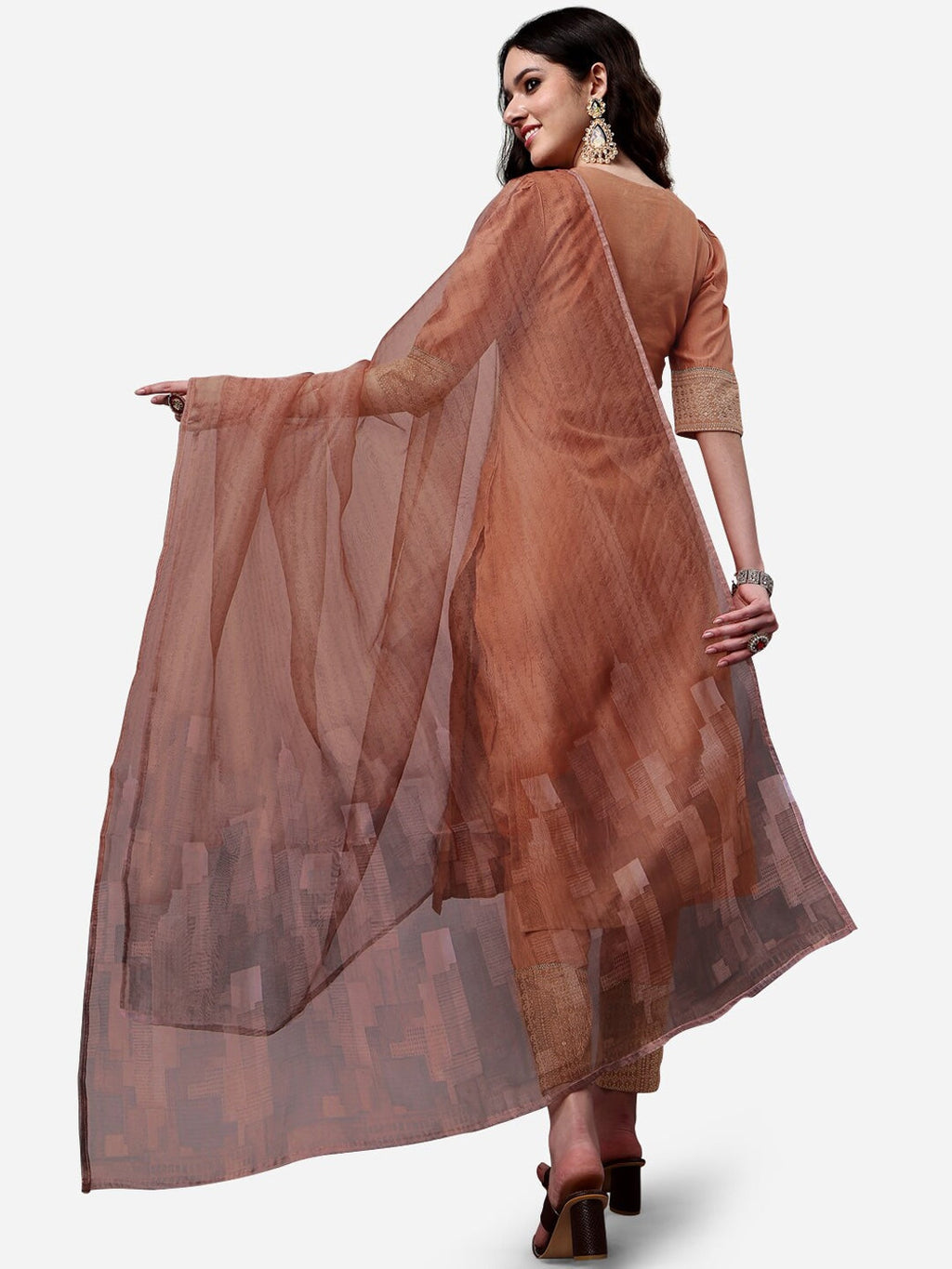 HERE&NOW Lucknowi Chikankari Schiffli Chanderi Silk Kurta Trousers with Organza Dupatta | Grocsy