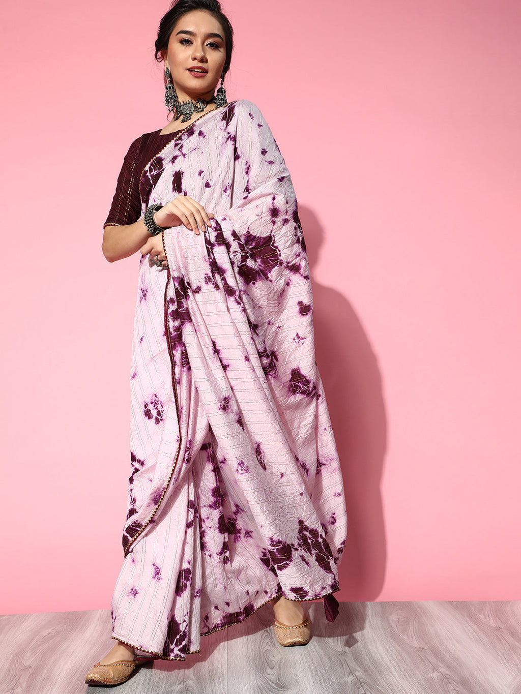 Saree Mall Purple & White Tie and Dye Silk Blend Saree with Unstitched Blouse Piece | Grocsy