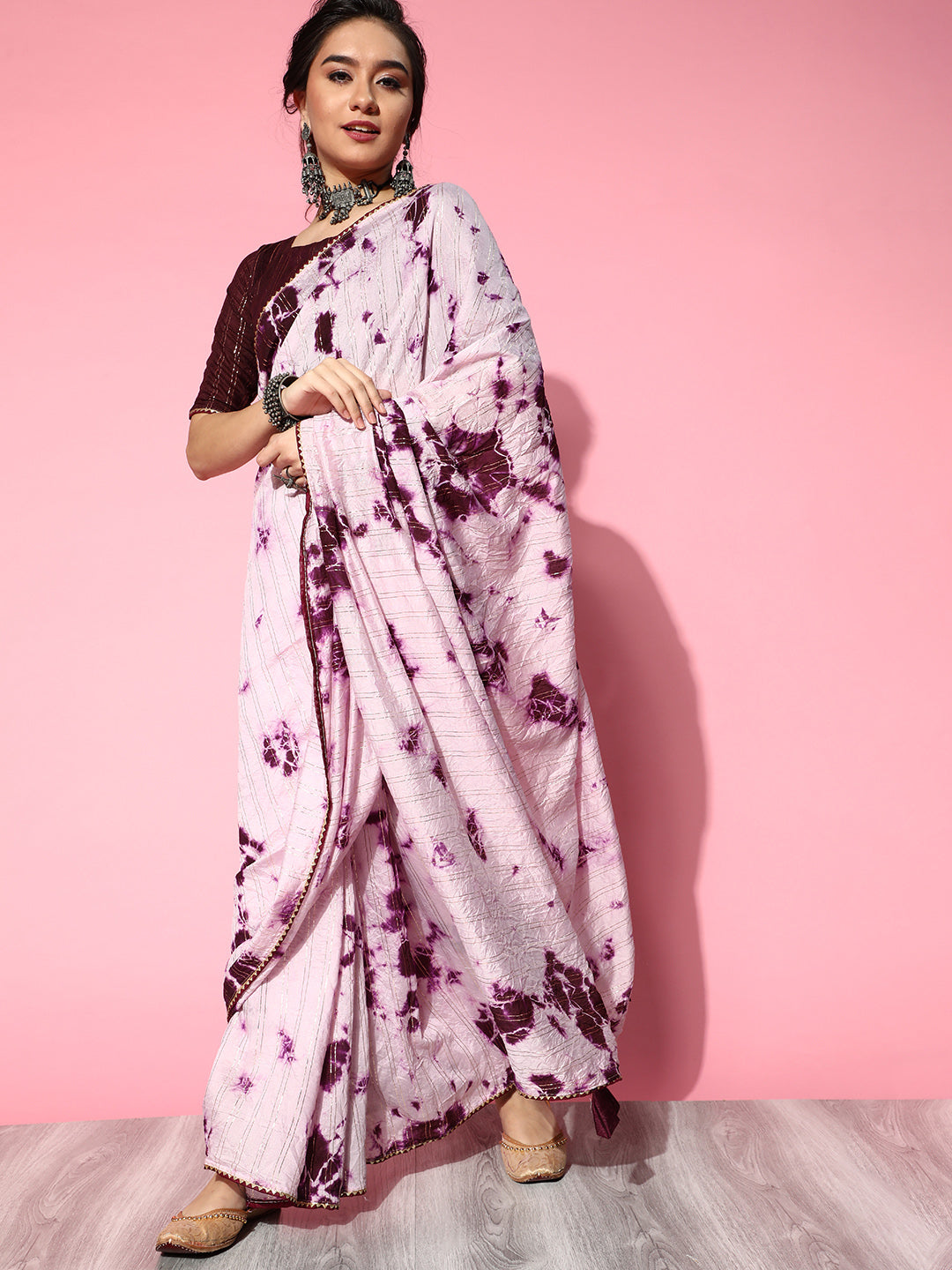 Saree Mall Purple & White Tie and Dye Silk Blend Saree with Unstitched Blouse Piece | Grocsy
