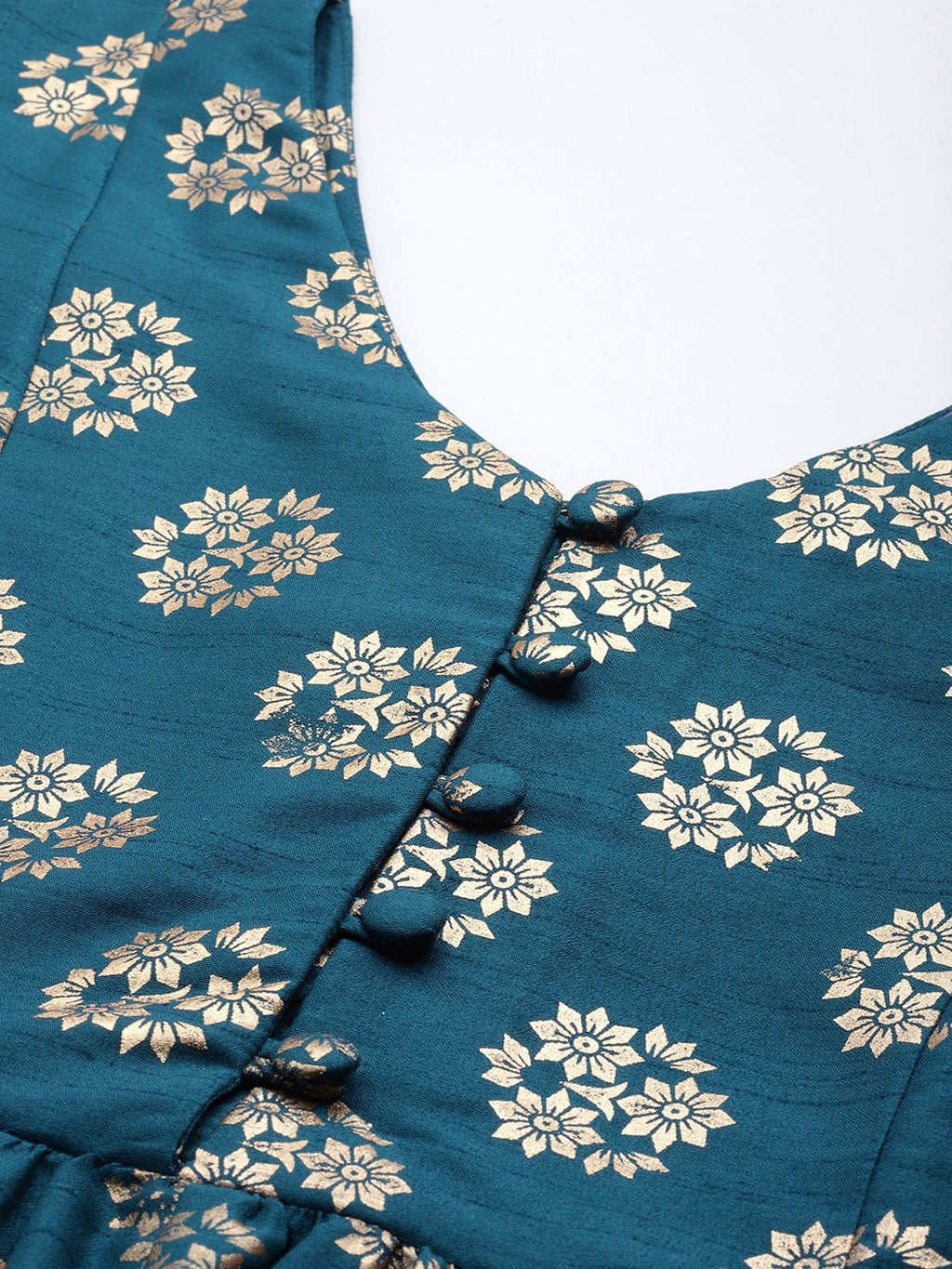 Sangria Women Teal Blue & Golden Ethnic Motifs Printed A-Line Kurta | Grocsy