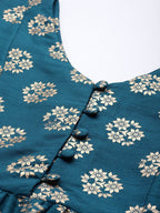 Sangria Women Teal Blue & Golden Ethnic Motifs Printed A-Line Kurta | Grocsy