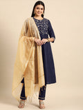 All About You Women Navy Blue Embroidered Kurta with Trousers & With Dupatta | Grocsy