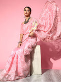Saree Mall Pink Floral Embroidered Organza Saree | Grocsy