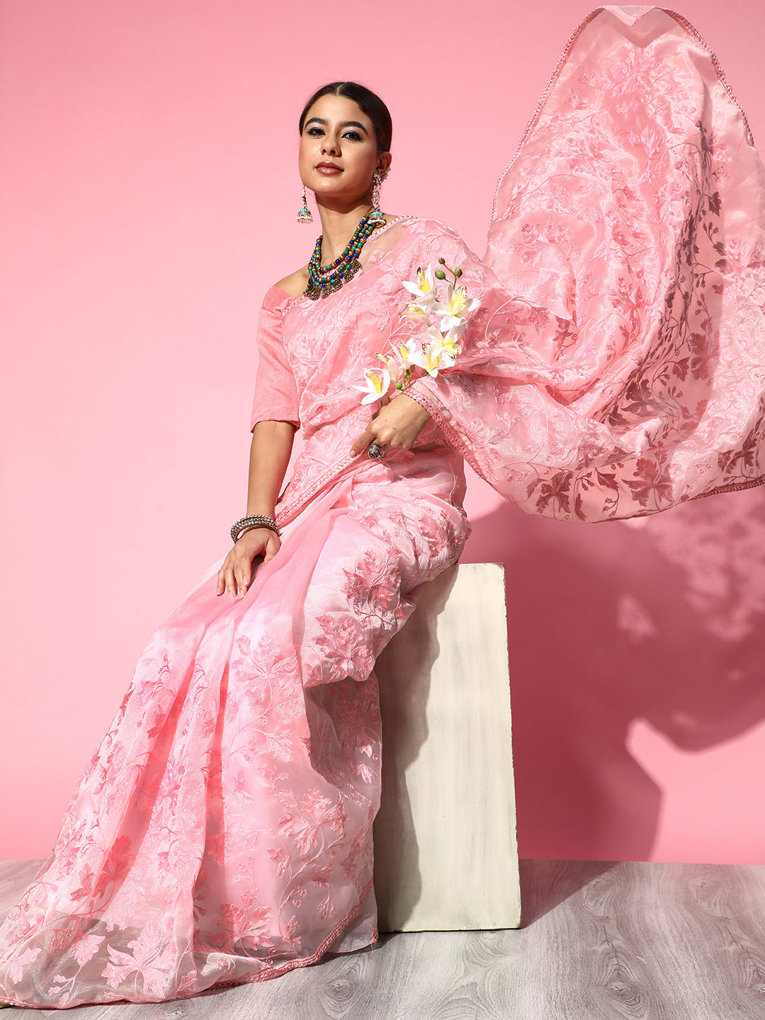 Saree Mall Pink Floral Embroidered Organza Saree | Grocsy