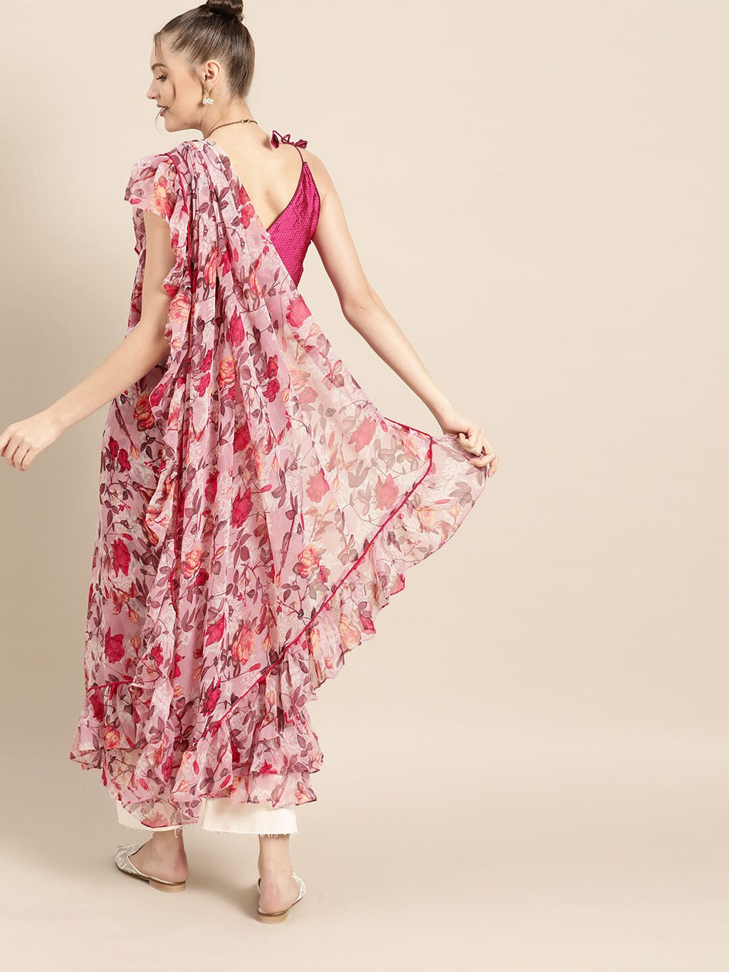 Tikhi Imli Pretty Pink Printed Poly Georgette Saree | Grocsy