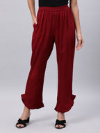 Souchii Women Maroon Solid Pleated Ruffled Liva Palazzos | Grocsy