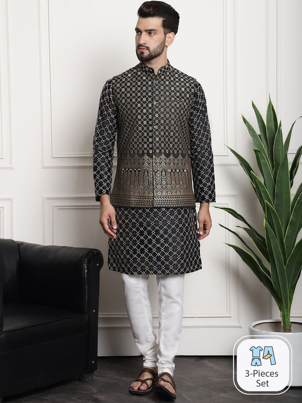 Sojanya Ethnic Motifs Woven Design Embroidered Straight Kurta & Churidar With Nehru Jacket | Grocsy