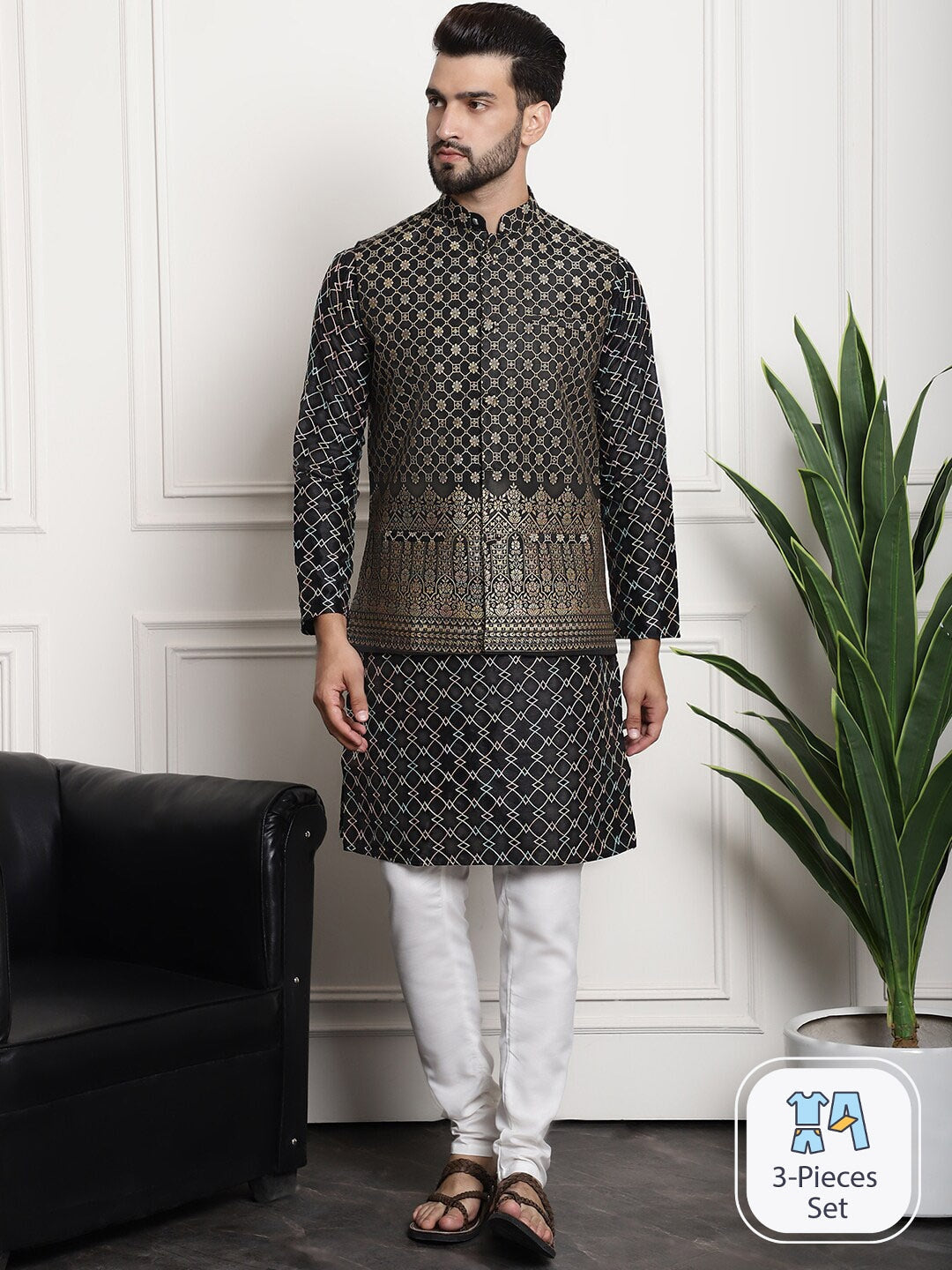 Sojanya Ethnic Motifs Woven Design Embroidered Straight Kurta & Churidar With Nehru Jacket | Grocsy