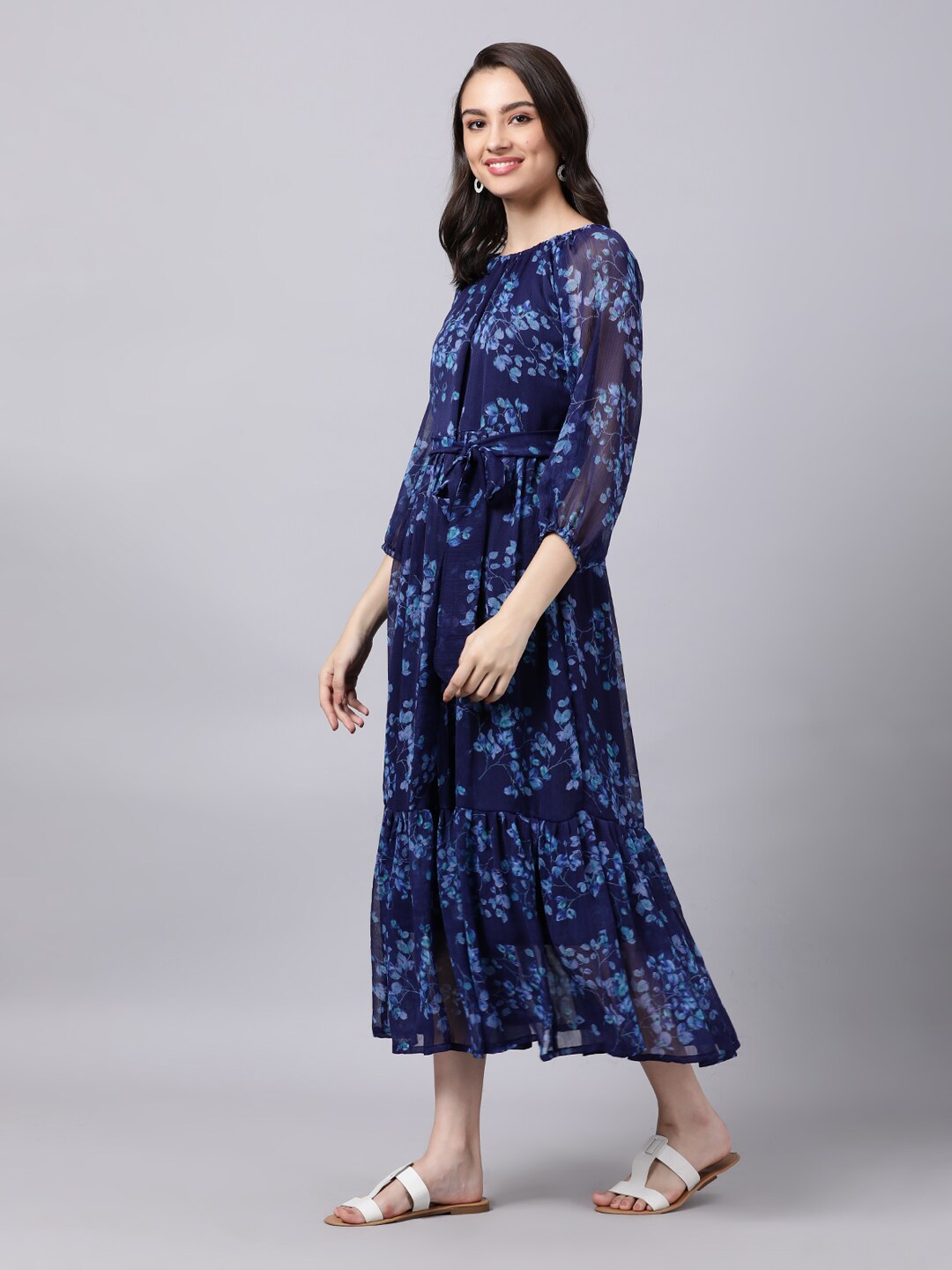 Souchii Navy Blue Floral Layered Chiffon A-Line Midi Dress | Grocsy